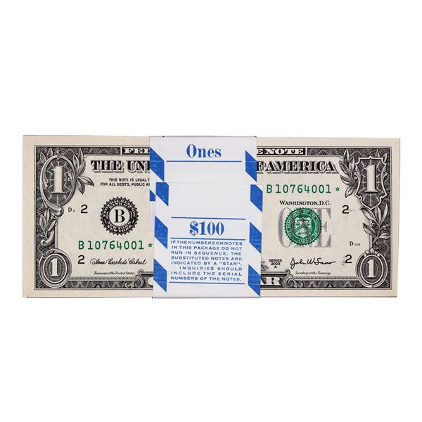 Pack of (100) Consecutive 2003A $1 Federal Reserve STAR Notes New York