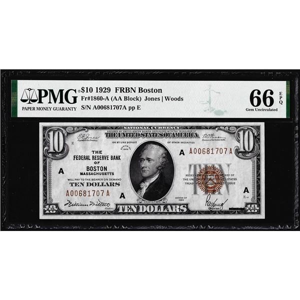 1929 $10 Federal Reserve Bank Note Boston Fr.1860-A PMG Gem Uncirculated 66EPQ