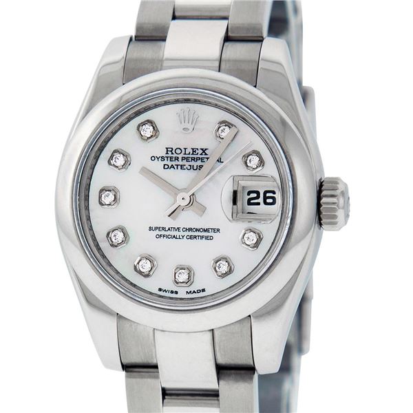 Rolex Ladies Stainless Steel Mother Of Pearl Diamond Datejust Wristwatch