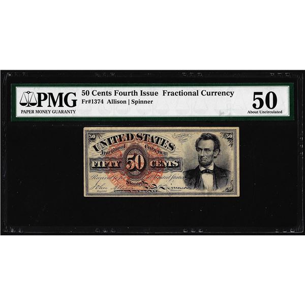 1863 Fourth Issue 50 Cents Lincoln Fractional Currency Note Fr.1374 PMG About Unc. 50