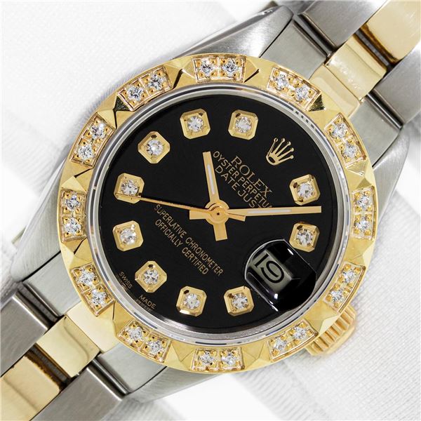 Rolex Ladies Two Tone Black Diamond Oyster Band Wristwatch