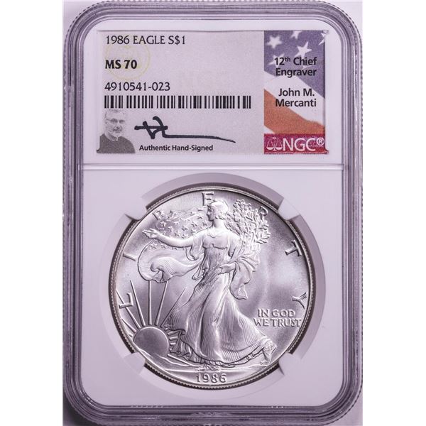 1986 $1 American Silver Eagle Coin NGC MS70 John Mercanti Signature