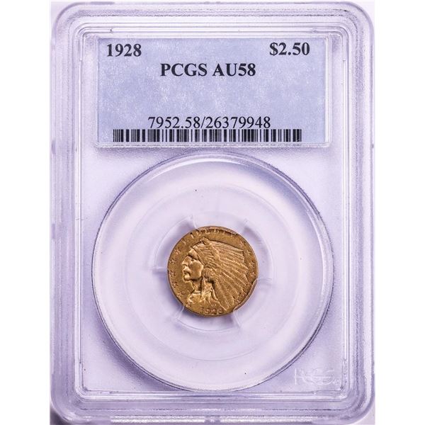 1928 $2 1/2 Indian Head Quarter Eagle Gold Coin PCGS AU58