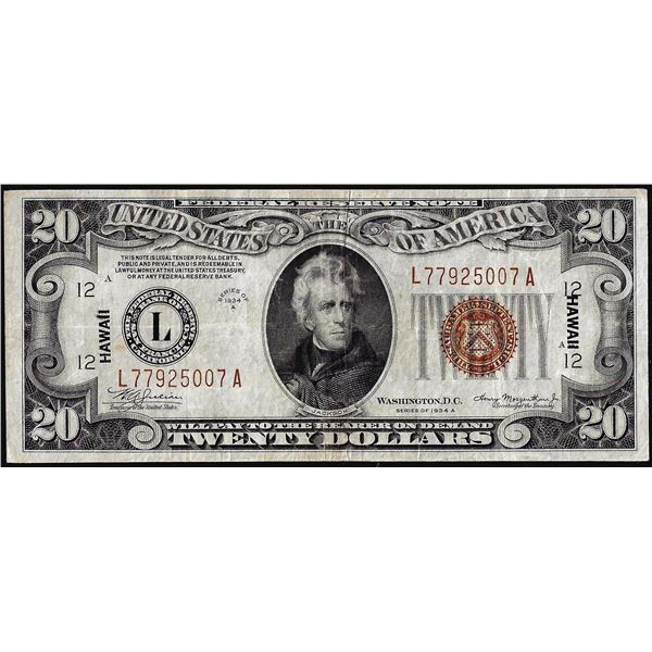 1934A $20 Hawaii WWII Emergency Issue Federal Reserve Note