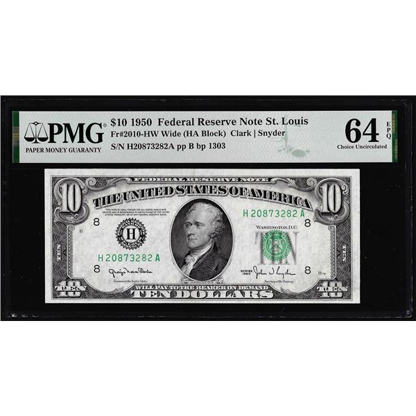 1950 $10 Federal Reserve Note St. Louis Fr.2010-HW PMG Choice Uncirculated 64EPQ
