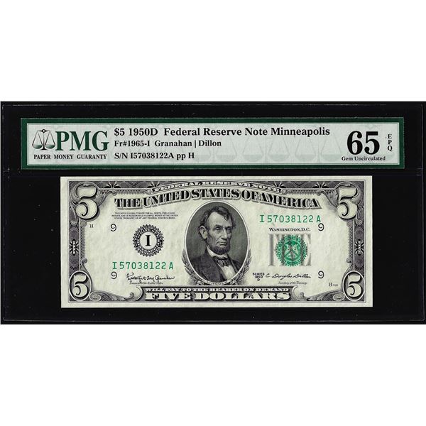 1950D $5 Federal Reserve Note Minneapolis Fr.1965-I PMG Gem Uncirculated 65EPQ