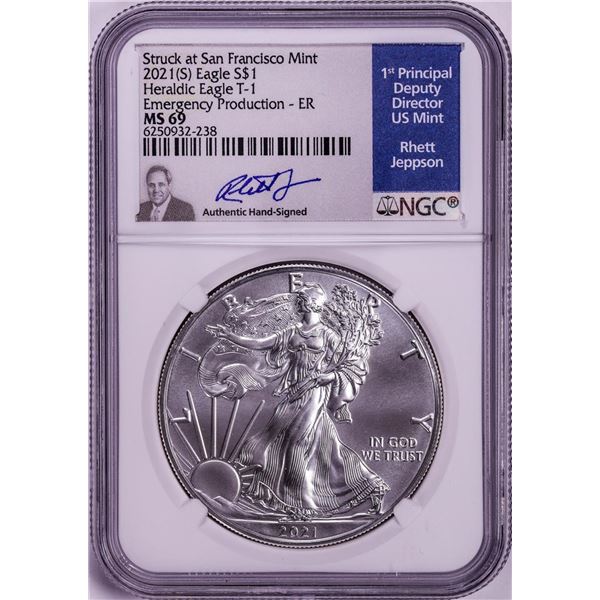 2021(S) Ty. 1 $1 American Silver Eagle Coin NGC MS69 Jeppson Signed Emergency Release