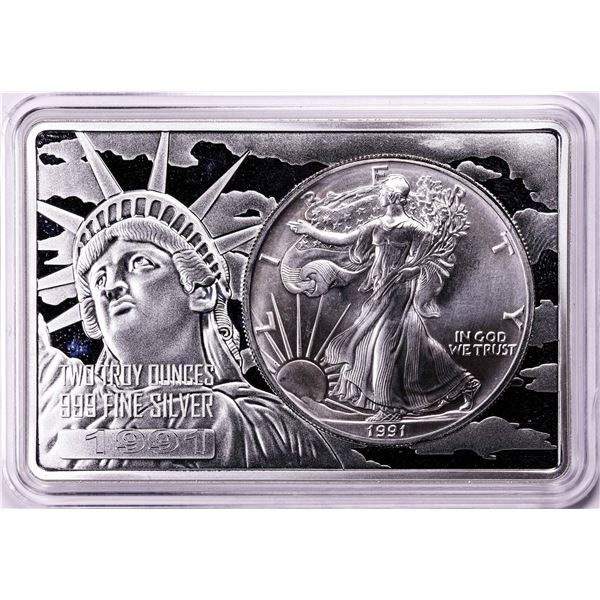 1991 $1 American Silver Eagle Coin & 2oz Silver Bar Set