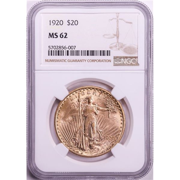 1920 $20 St. Gaudens Double Eagle Gold Coin NGC MS62