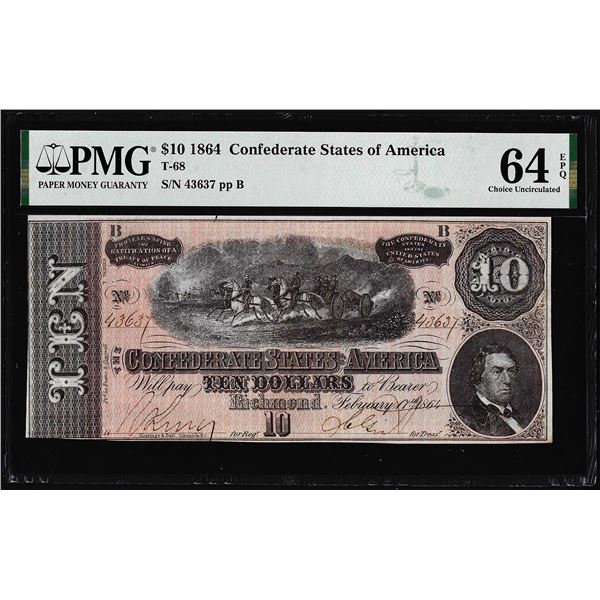 1864 $10 Confederate States of America Note T-68 PMG Choice Uncirculated 64EPQ