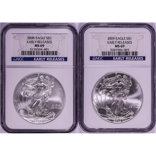 Lot of 2008-2009 $1 American Silver Eagle Coins NGC MS69 Early Releases