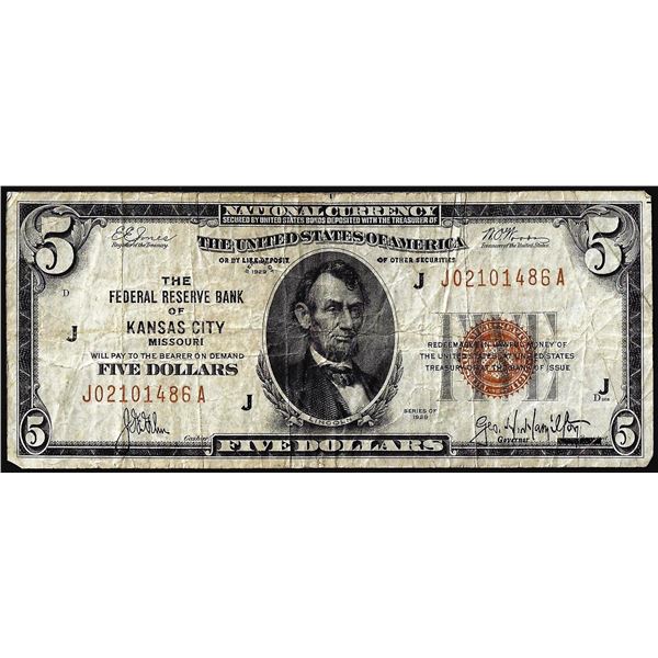 1929 $5 Federal Reserve Note Kansas City