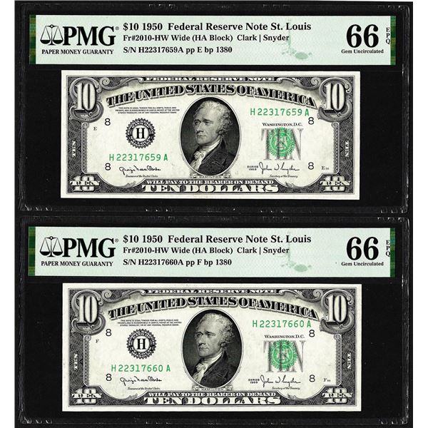 Lot of (2) Consecutive 1950 $10 Federal Reserve Notes STL PMG Gem Uncirculated 66EPQ
