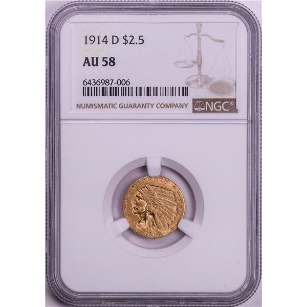 1914-D $2 1/2 Indian Head Quarter Eagle Gold Coin NGC AU58