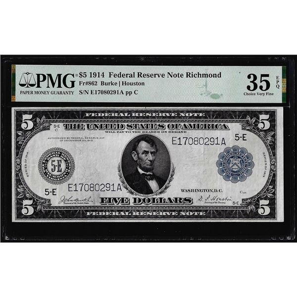1914 $5 Federal Reserve Note Richmond Fr.862 PMG Choice Very Fine 35EPQ