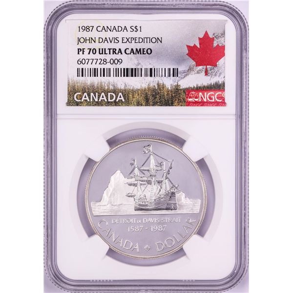 1987 $1 Canada Proof John Davis Expedition Silver Dollar Coin NGC PF 70 Ultra Cameo
