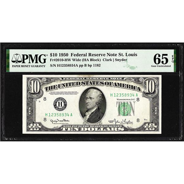 1950 $10 Federal Reserve Note St. Louis Fr.2010-HW PMG Gem Uncirculated 65EPQ