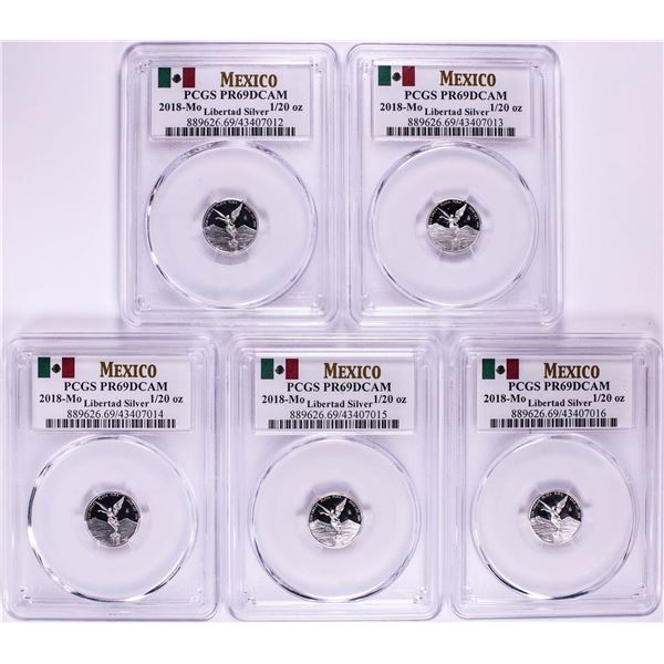 Lot of (5) 2018-Mo Mexico Proof 1/20 oz Silver Libertad Coin PCGS PR69DCAM