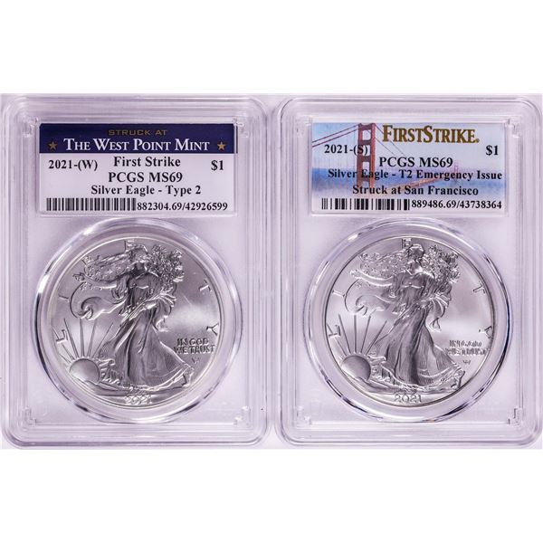 Lot of 2021-(S) & (W) Type 2 $1 American Silver Eagle Coins PCGS MS69 First Strike