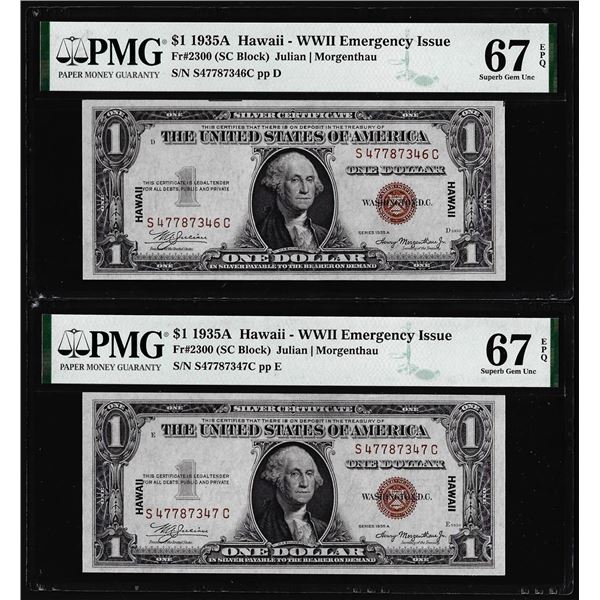 (2) Consec. 1935A $1 Hawaii WWII Silver Certificate Notes PMG Superb Gem Unc. 67EPQ