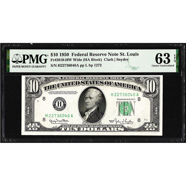 1950 $10 Federal Reserve Note St. Louis Fr.2010-HW Wide PMG Choice Uncirculated 63EPQ