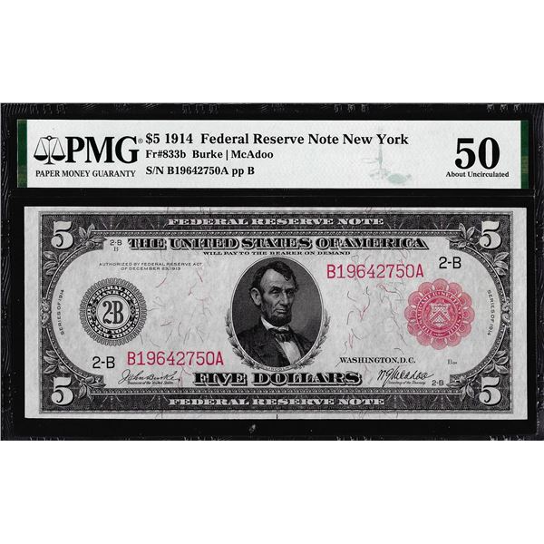 1914 Red Seal $5 Federal Reserve Note New York Fr.833b PMG About Uncirculated 50