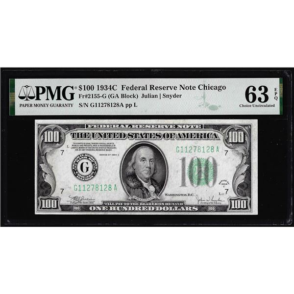 1934C $100 Federal Reserve Note Chicago Fr.2155-G PMG Choice Uncirculated 63EPQ