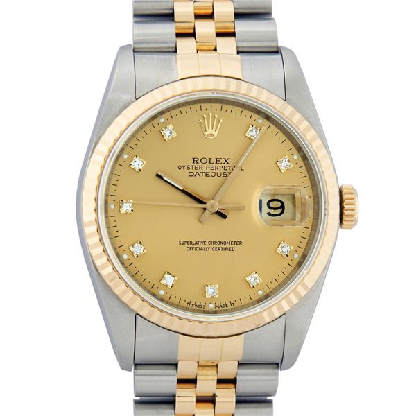 Rolex Mens Two Tone Factory Champagne Diamond Datejust Wristwatch
