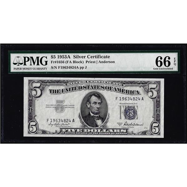 1953A $5 Silver Certificate Note Fr.1656 PMG Gem Uncirculated 66EPQ
