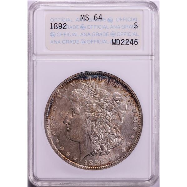 1892 $1 Morgan Silver Dollar Coin ANACS MS64 Old Soap Box Holder Nice Toning