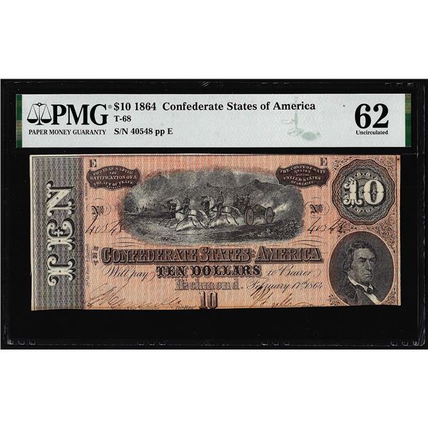 1864 $10 Confederate States of America Note T-68 PMG Uncirculated 62
