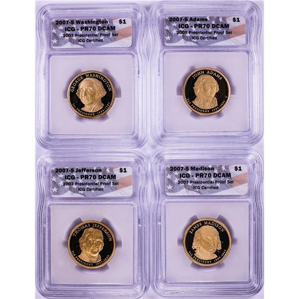 Lot of (4) 2007-S $1 Proof Presidential Dollar Coins ICG PR70DCAM