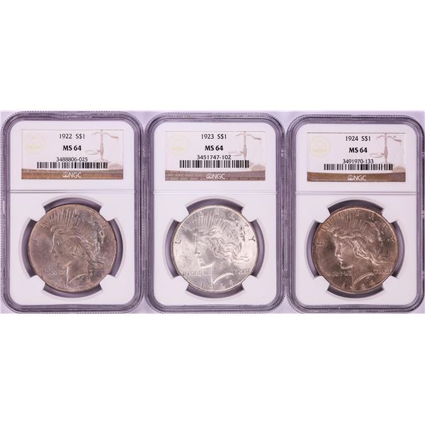 Lot of 1922-1924 $1 Peace Silver Dollar Coins NGC MS64