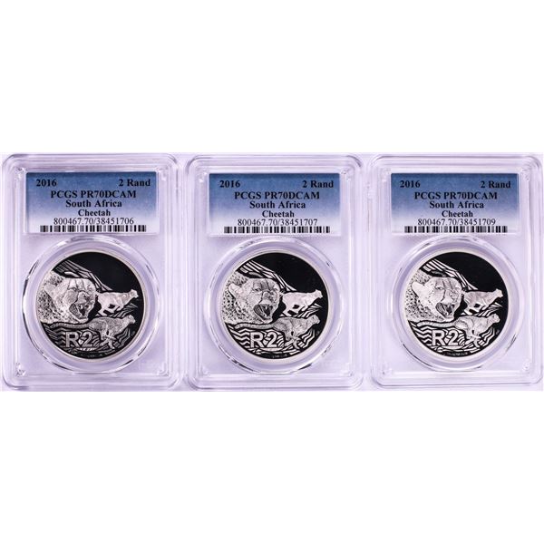 Lot of (3) 2016 Proof South Africa 2 Rand Cheetah Silver Coins PCGS PR70DCAM