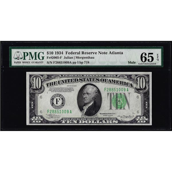 1934 $10 Federal Reserve Note Atlanta Fr.2005-F Mule PMG Gem Uncirculated 65EPQ