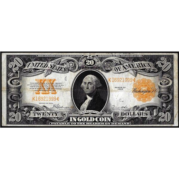 1922 $20 Gold Certificate Note