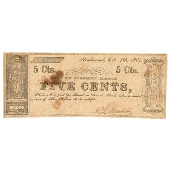 1864 5 Cents Obsolete Scrip, Virginia