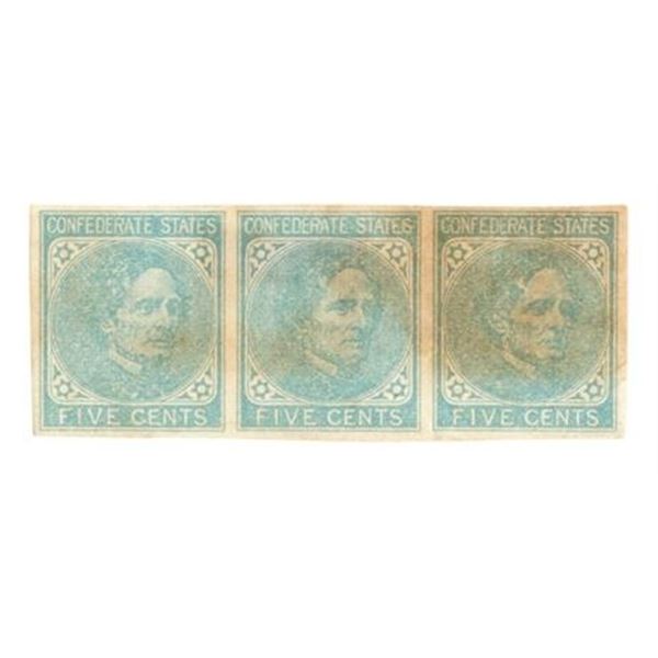 Uncut Sheet of 3 Confederate 5 Cent Stamps