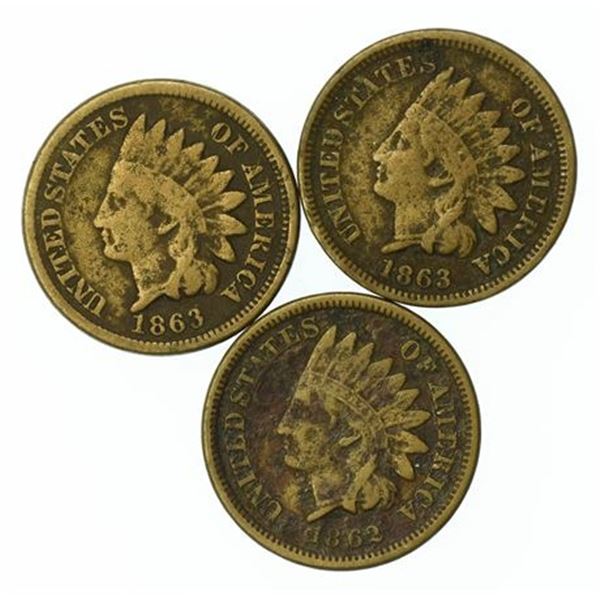 Group of 3 CuNi Indian Head Cents 1862 and 1863