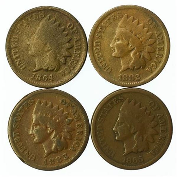 Group of 4 Indian Head Cents 1864, 1865, 1882, 1883