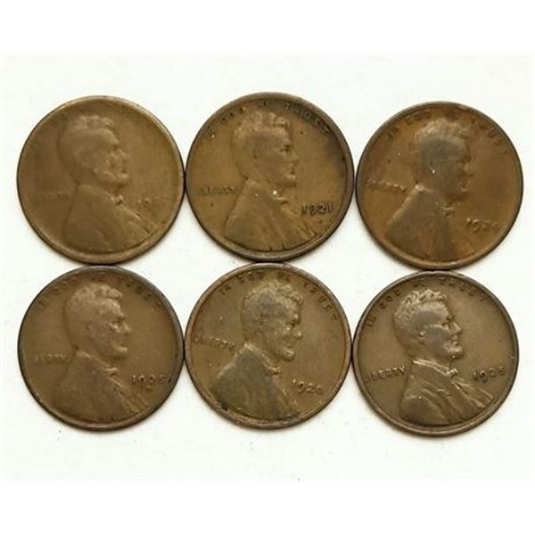 Group of 6 Lincoln Wheat Cents 1920, 1920-S, 1921, 1924, 1925, 1925-D