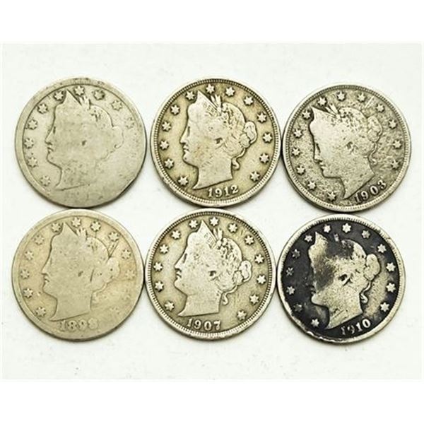 Group of 6 Liberty V Nickels 1899, 1903, 1907, 1908, 1910, 1912