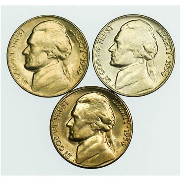 Group of 3 1954, 1954-D, 1954-S Jefferson Nickels