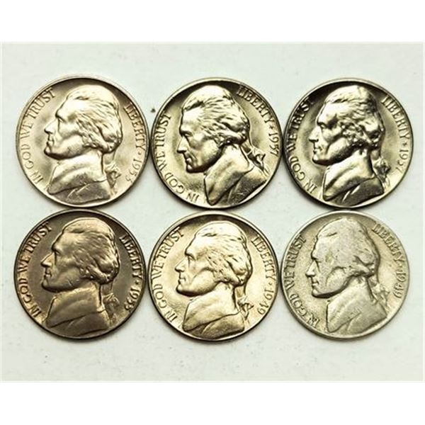 Group of 6 Jefferson Nickels 1949 - 1957-D
