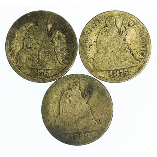 Group of 3 Liberty Seated Dimes 1875, 1876, 1888