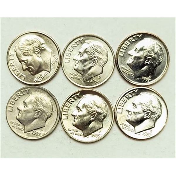 Group of 6 Roosevelt Dimes 1985 - 2009-D