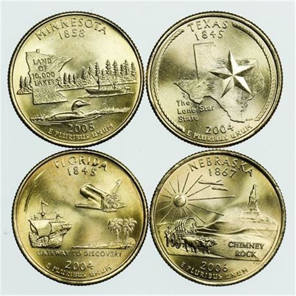 Group of 4 State Washington Quarters Florida, Minnesota, Nebraska, Texas 2004-06