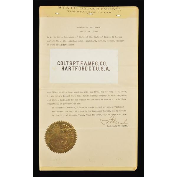 RARE & UNIQUE COLT STATE OF TEXAS REGISTERED