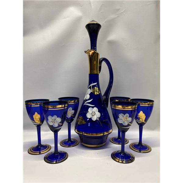 Vintage Cobalt Blue Gold Bohemia Czech Floral Decanter & 6 Glasses