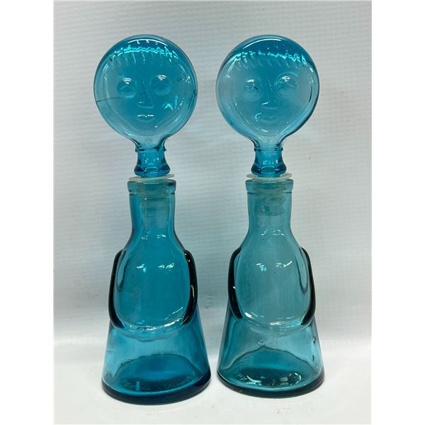 2 Mid Century Auqa Blue Figural Bottles - Erik Hoglund Style Approx: 7x2.25"